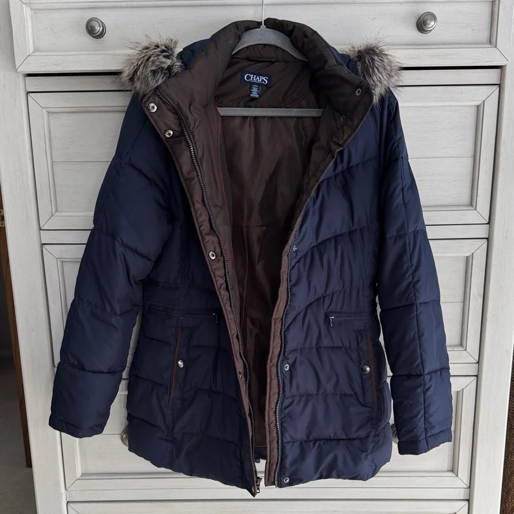 Chaps Dark Blue Puffer Jacket with Faux Fur Trim Hood SZ Large